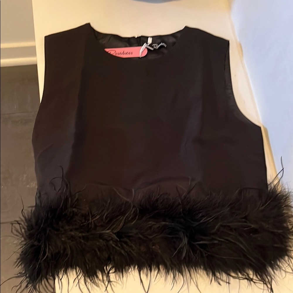 Rosedress Black Feather Trim Sleeveless Top- Size Large